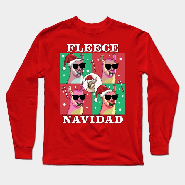 Fleece Navidad Llama - Feliz Navidad Funny Christmas Llama Long Sleeve T-Shirt by OrangeMonkeyArt